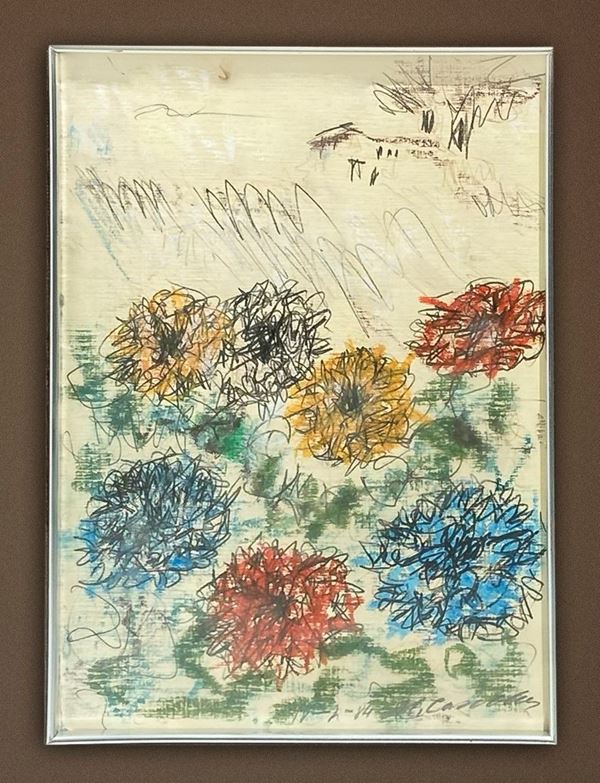 Cascella Michele (Ortona 1892- 1989 Milano) , dipinto a tecnica mista matita carboncino e pastello, carta applicata a tela raffigurante fiori, firmato e datato Michele Cascella 11/02/84. Cm 28x20, in cornice di legno argentata a foglia cm 62x47