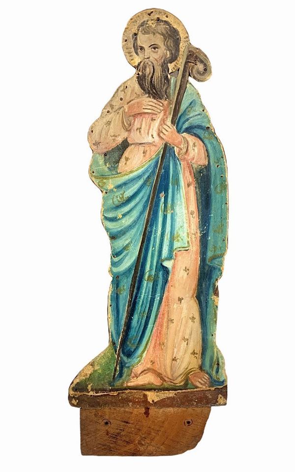 Apostle figurine, St. Jude Thaddeus, tempera on cardboard applied to wood, XIX century. H 69 cm