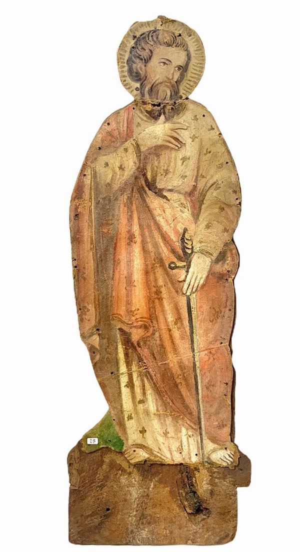Figurazione di apostolo, San Paolo, a tempera su cartone applicato a legno, XIX secolo . H cm 69