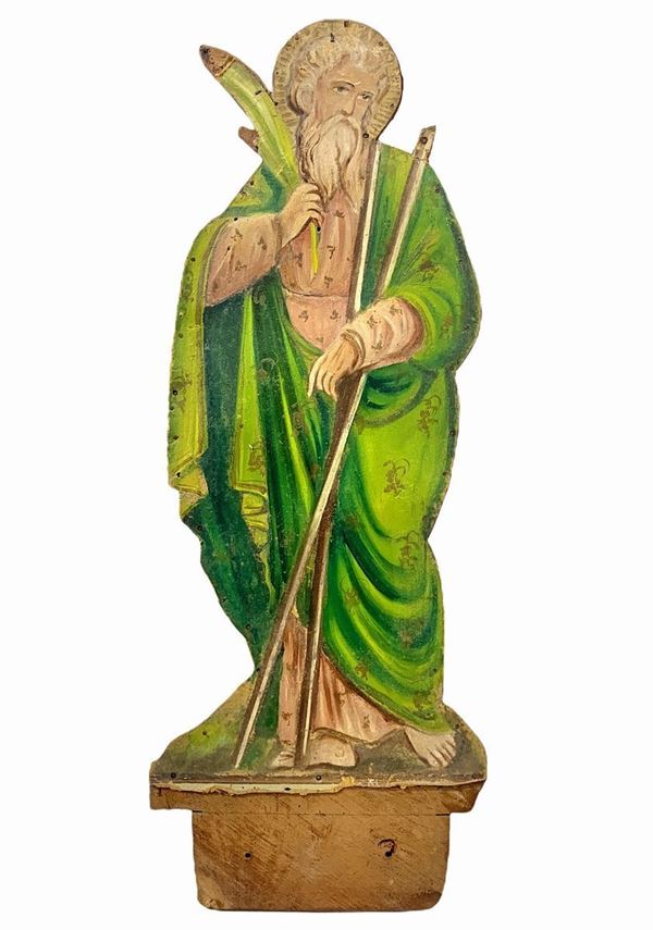 Apostle figurine St. Andrew, tempera on cardboard applied to wood, XIX century. H 69 cm