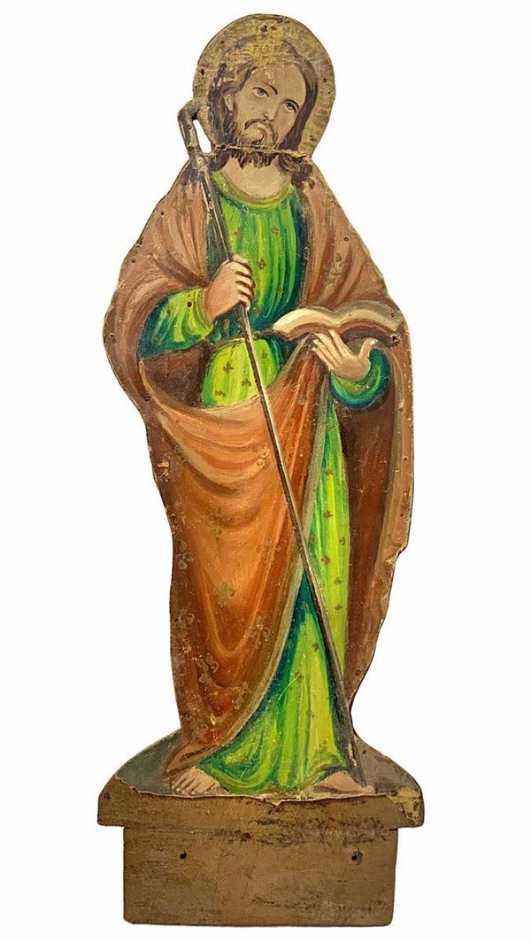 Figurazione di apostolo, San Giacomo, a tempera su cartone applicato a legno, XIX secolo . H cm 69