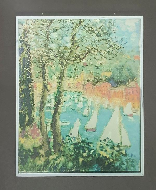 Lithography on silver coating depicting the harbor with boats, 167/500, signed Michele Cascella. 28x23 cm, in frame 56x51 cm