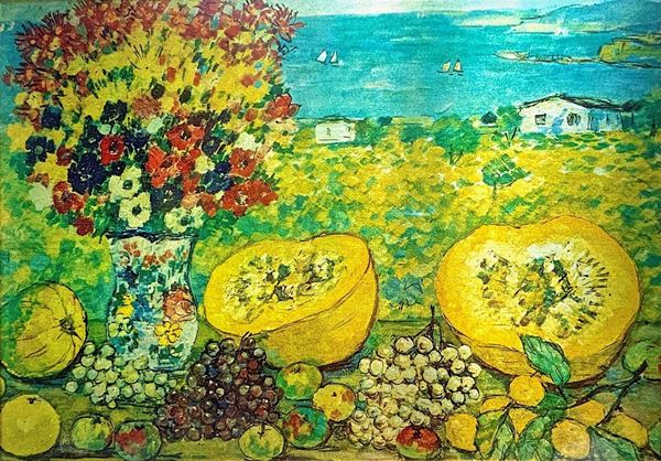 Litografia su rivestimento in argento raffigurante natura morta di frutta e fiori, 167/500, firmato Michele Cascella. Cm 20x28, in cornice 50x59