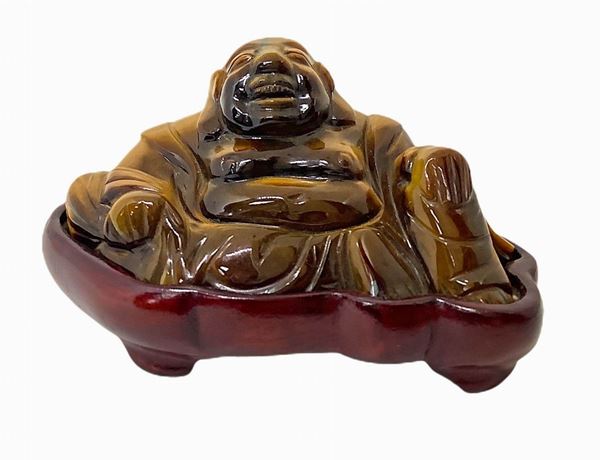 Statuetta raffigurante Buddha in occhio di tigre. H cm 5, larghezza cm 8
