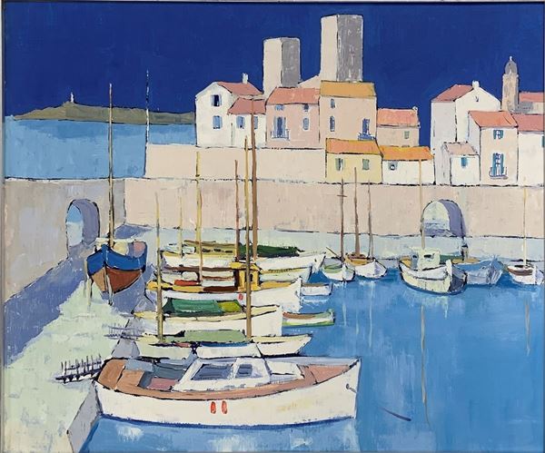 Dipinto ad olio su tela raffigurante marina con barche e case. Pittore del XX secolo. Cm 50x60, in cornice cm 72x83