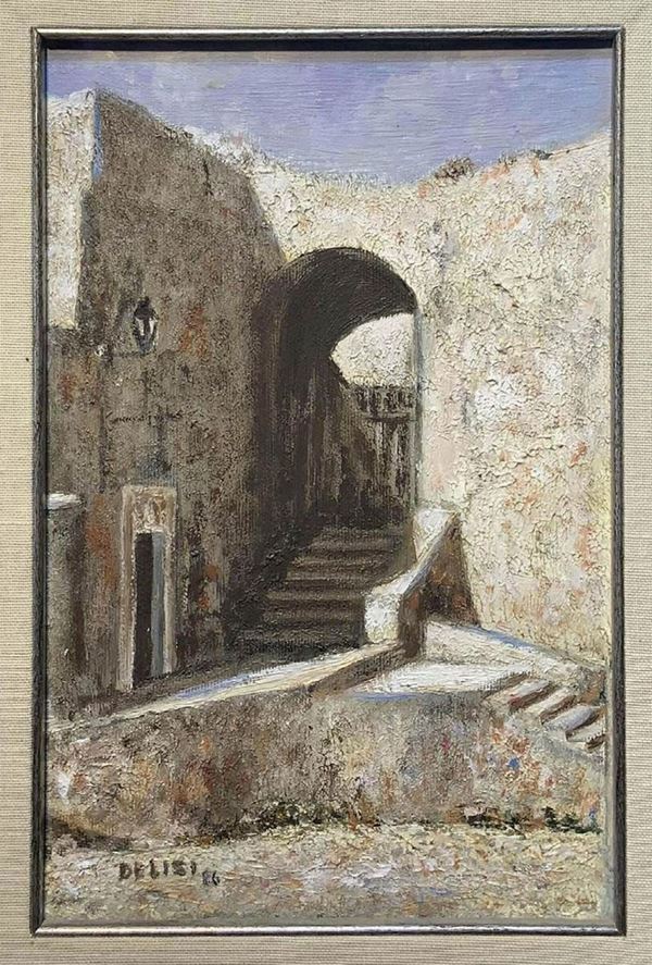 Dipinto ad olio su tela raffigurante scorcio di paese, De Lisi. Firmato e datato 1986 in basso a sinistra.
Cm 29x18,5