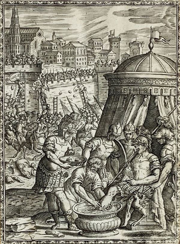 Equipment engraving depicting scene of the freed Jerusalem.
MM 185x135, in Frame 40x30 cm
