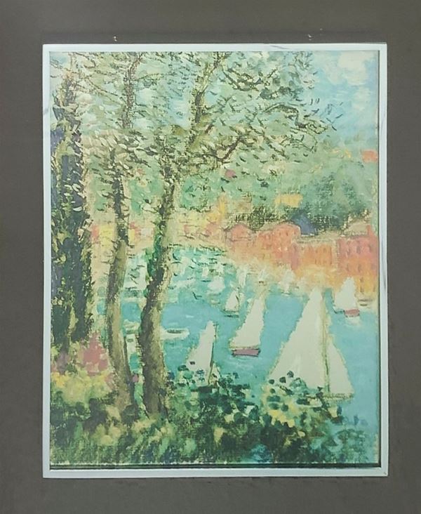 Lithograph on silver coating depicting port with boats, 167/500, signed Michele Cascella. Signed Michele Cascella.
28x23 cm, in ...