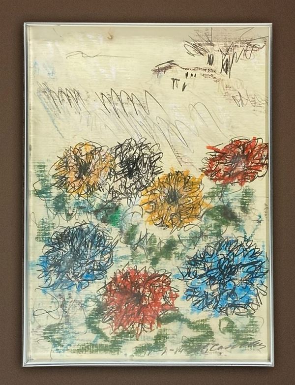 Dipinto tecnica mista matita carboncino e pastello, carta applicata a tela raffigurante fiori. firmato e datato Michele Cascella 11/02/84.
Cm 28x20, ... 