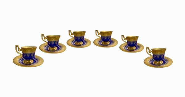 Servizio da caffÃ¨, h. & G Sels Bavaria, Germania. Composto da 6 tazzine con piattino, nei colori del blu, placcato oro.