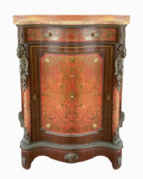 Etagere stile Boule, marmo al piano cassetto superiore e sportello inferiore, inizi XX secolo. H cm 105x90x45. 