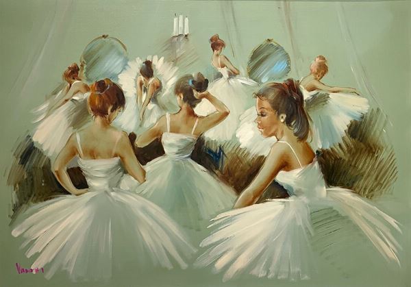 Dipinto ad olio su tela raffigurante ballerine nel backstage, XX secolo. Firmato V. Varani Cm 50x70, in cornice cm 80x100