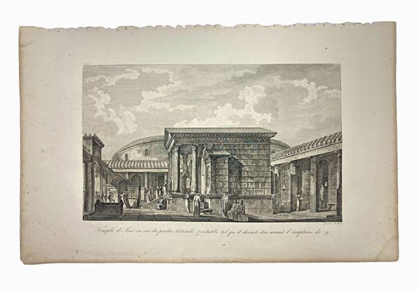 Incisione del 1700, Francia, raffigurante "Temple d'Isis vu sur la partie lat&eacute rale retabili tel qu'il devait etre avant l'eruption de 79" ... 