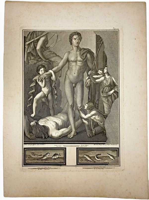 Incisione dell'anno 1725 raffigurante "Ercole uccide il Minotauro". Francia,disegno  Francesco La Vega (ispanico), incisione Rocco Pozzi (Romano) H ... 