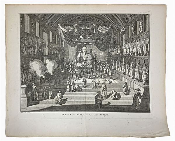 Incisione dell'anno 1726 raffigurante "Temple du Japon ou il y a mille Idoles". Francia,disegno  e incisione B. Picart 1726 H mm 415, larghezza mm 510
