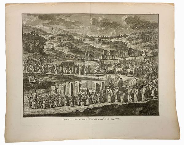 Stampa dell'anno 1729 raffigurante "Convoi funebre d'un Gand de la Chine". Francia,disegno  e incisione B. Picart, 1729
H mm 415, larghezza mm 510