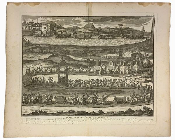 Printing of the year 1729 depicting "Funeral Pumps des Rois de Tunquin". France, design and engraving B. Picart, 1729
H 415 mm, width mm 510