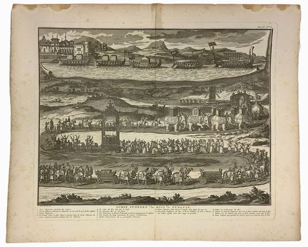 Stampa dell'anno 1729 raffigurante "Pompe funebre des Rois de Tunquin". Francia,disegno  e incisione B. Picart, 1729
H mm 415, larghezza mm 510