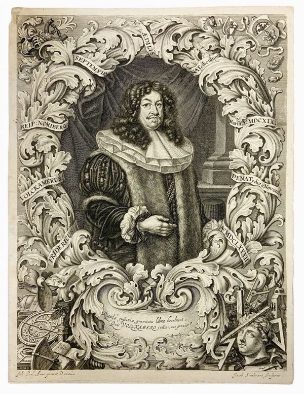 Stampa della prima metÃ  del 1600. Germania,Raffigurante "Fridericus Volckamerus, Reip. Norimberg Septemvir Aedilis, Nat. Die ultimo Martii MDCXIX, ... 
