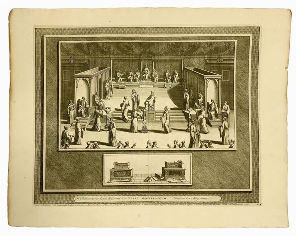 Stampa del 1600 raffigurante "Electio Magistratuum". Italia,
H mm 385, larghezza mm 495
In calce alla stampa la dettagliata descrizione di tutti i ... 
