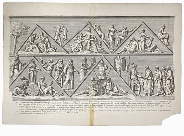 Stampa del 1700 raffigurante "Le vittorie degli imperatori Romani sugli Sciti". Italia,
H mm 470, larghezza mm 700