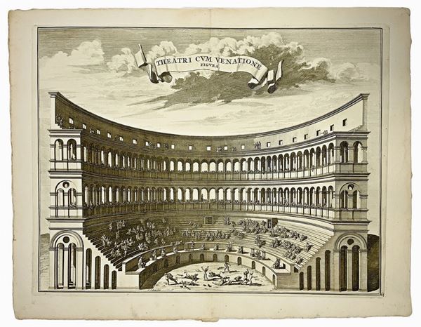 Stampa della prima metÃ  del 1600 raffigurante "Theatri cum venatione figura". Italia,disegno  e incisione L. Scherm
H mm 380, larghezza mm 490