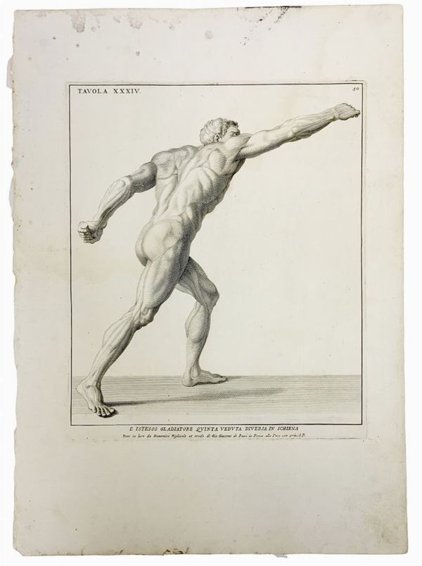 Stampa prima metÃ  del 1700 raffigurante "L'istesso gladiatore, quinta veduta diversa in schiena". Italia,Incisione Domenico, figliuolo di Gio. ... 