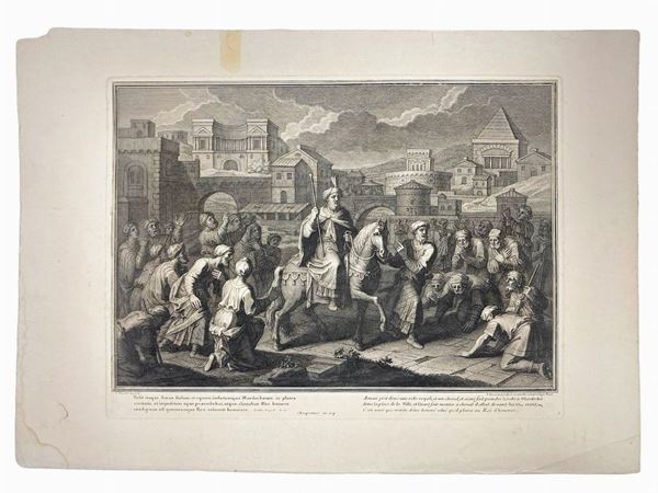 Stampa del 1700 raffigurante "Aman e Mardoch&eacute e". Parigi ,disegno  F. Verdier, incisione J. Haussard, et excudit cum privilegio Regis, ... 