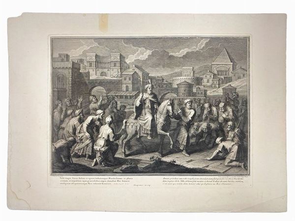Stampa del 1700 raffigurante "Aman e Mardoch&eacute e". Parigi ,disegno  F. Verdier, incisione J. Haussard, et excudit cum privilegio Regis, ... 