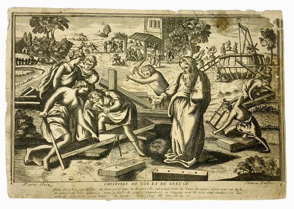 Stampa della prima metÃ  del 1600 raffigurante "L'Histoire de NoÃ© et du deluge". Parigi (Francia),disegno  e incisione Simon Duflos, a Paris
H mm ... 