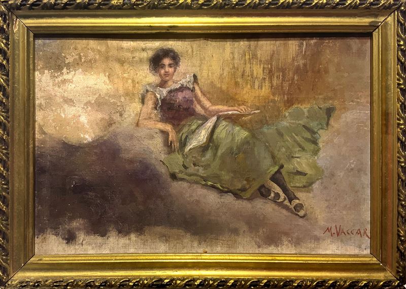 Mario Vaccaro - Ragazza con il giornale, olio su tela applicata su cartoncino