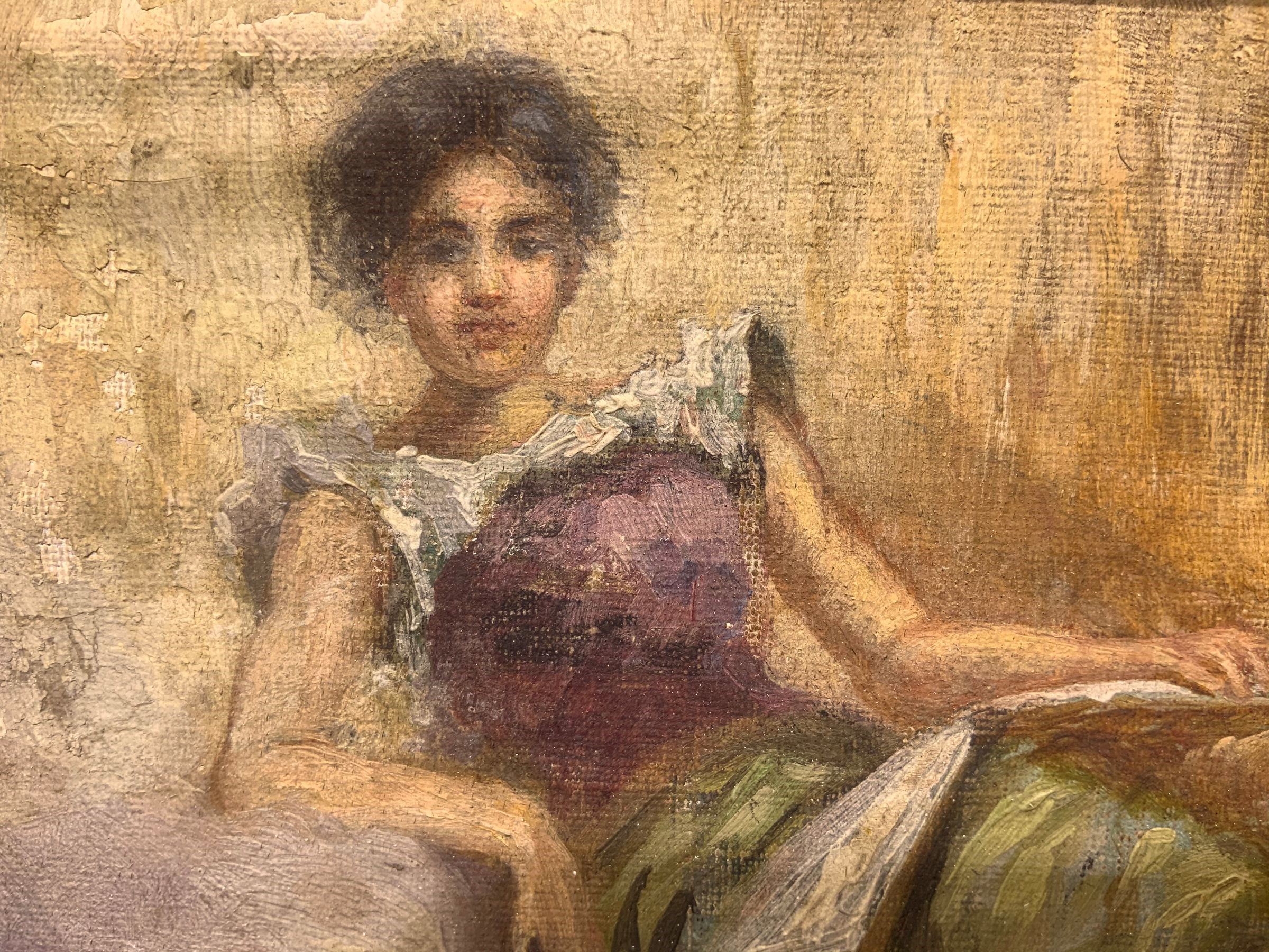 Mario Vaccaro - Ragazza con il giornale, olio su tela applicata su cartoncino