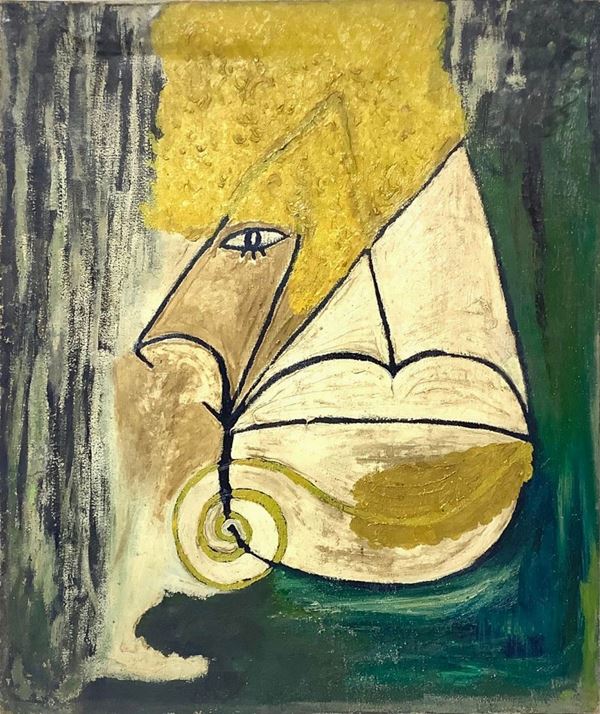 Dipinto ad olio su tela raffigurante composizione astratta, metà XX secolo. Cm 60x50. Privo di cornice.