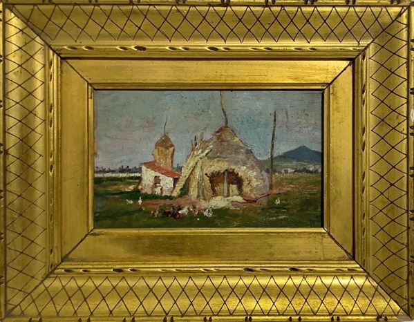 Oil painting on wood depicting country farmhouse with farm. XX, century. Cm 12x18. Measures 23x30 frame.