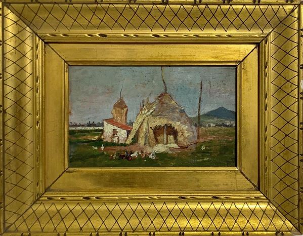 Dipinto ad olio su tavola raffigurante casolare di campagna con aia, XX secolo. In basso a destra moogramma A.B. Cm 12x18. Misure in cornice 23x30.