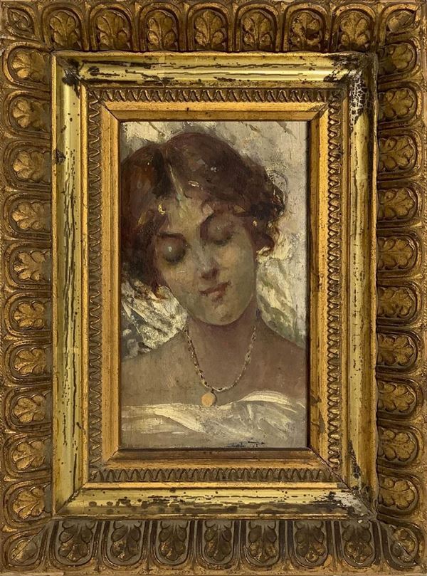 Dipinto ad olio su tavola raffigurante viso di giovane donna con collana, Cesare Tropea (Napoli, 1861- Napoli, 1917). Cm 13,7x7,5. In cornice di legno dorato cm 21x16.