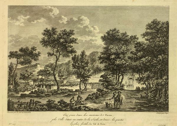 Incisioni ad acquaforte raffigurante i dintorni di Piazza Armerina in Val di Noto, tratto da Voyage pittoresque ou Description des Royaumes de Naples et de Sicile, di Jean-Claude Richard de Saint-Non, A.P.D.R., fine XVIII secolo, cm 20x27, in cornice color noce piatta cm 44x52