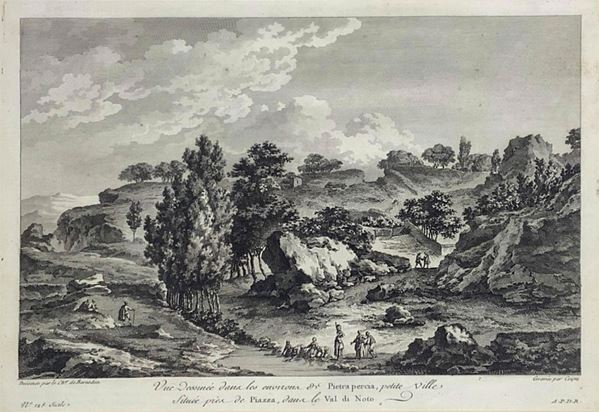 Etching, depicting the surroundings of Pietraperzia, taken from Voyage pittoresque ou Description des Royaumes de Naples et de Sicile, of Jean-Claude Richard, A.P.D.R., late eighteenth century, 20x27 cm, framed flat walnut color 44x52 cm