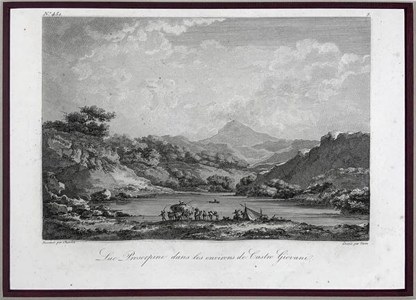 Engraving of Proserpine Lac dans les environs of Castro Giovanni, taken from Saint-No. N ° 45. Cm 20x27.
