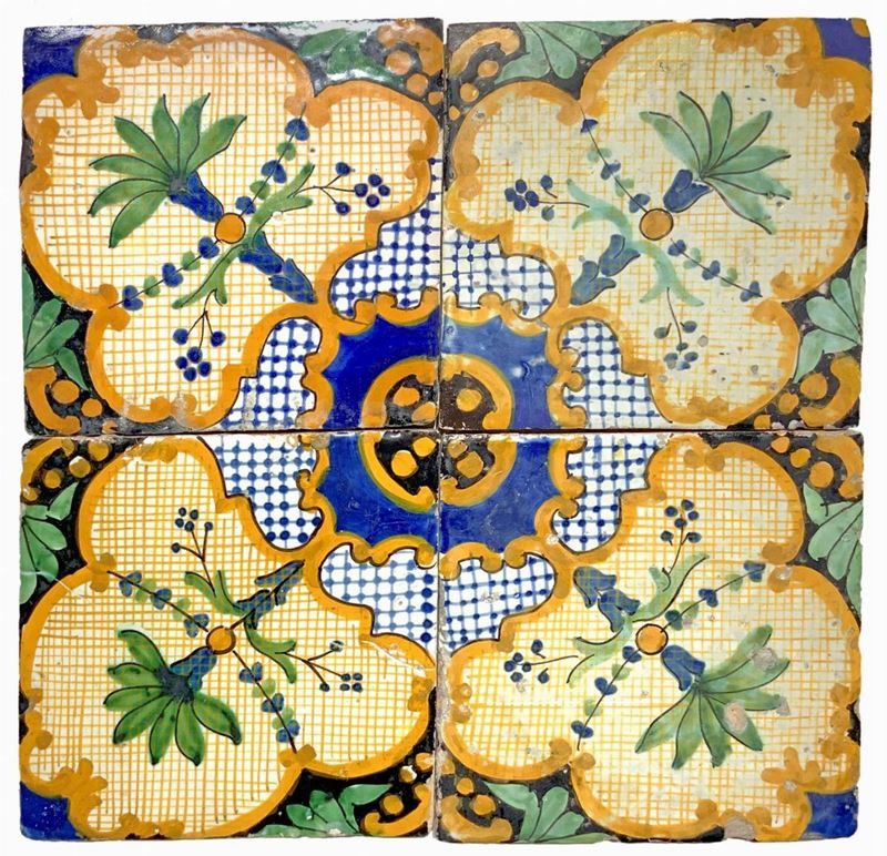 Riquadro di 4 piastrelle in ceramica con decorazione di palme