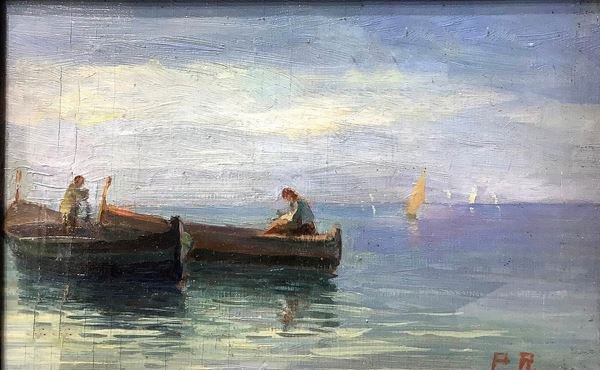 Olio su tela applicata a tavola raffigurante marina con barche, XX secolo. Cm 18x27, con cornice cm 33x43. Firmato P.A.
