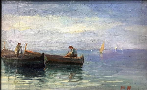 Oil painting on canvas, on wood, depicting seascape with boats, the twentieth century. 18x27 cm, 33x43 cm with frame. Signed P.A.
