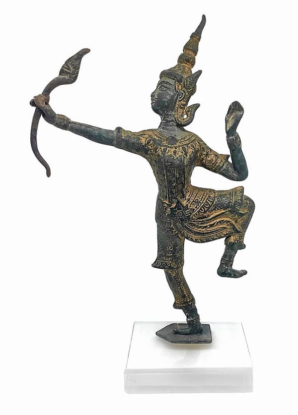 Bronze statue depicting Buddha with bow and plexiglass base, 31 cm