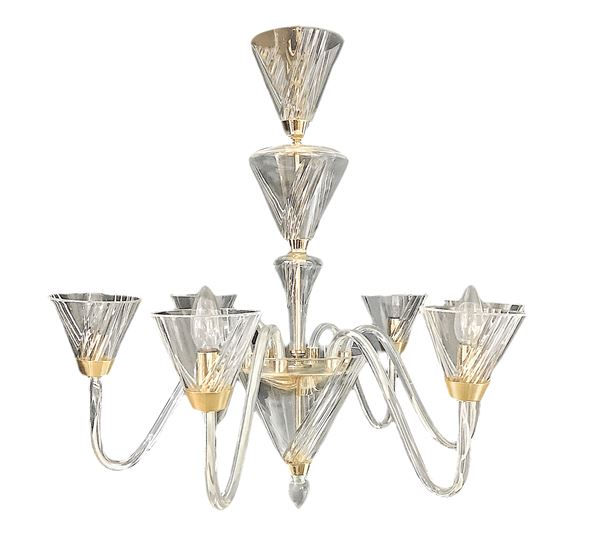 Chandelier with six lights glass ground, facilities and brass details of orato