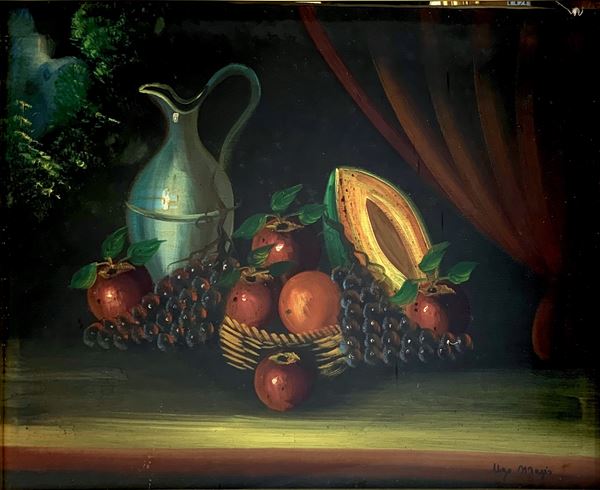 Oil painting on canvas depicting still life of fruit, Ugo Magis. signed on the lower right. 50x70 cm, in frame 66x86 cm