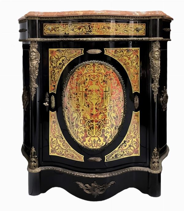 Etagere in Boulle style, door and drawer and marble surface, the twentieth century. H cm 103x105. Depth 45 cm.