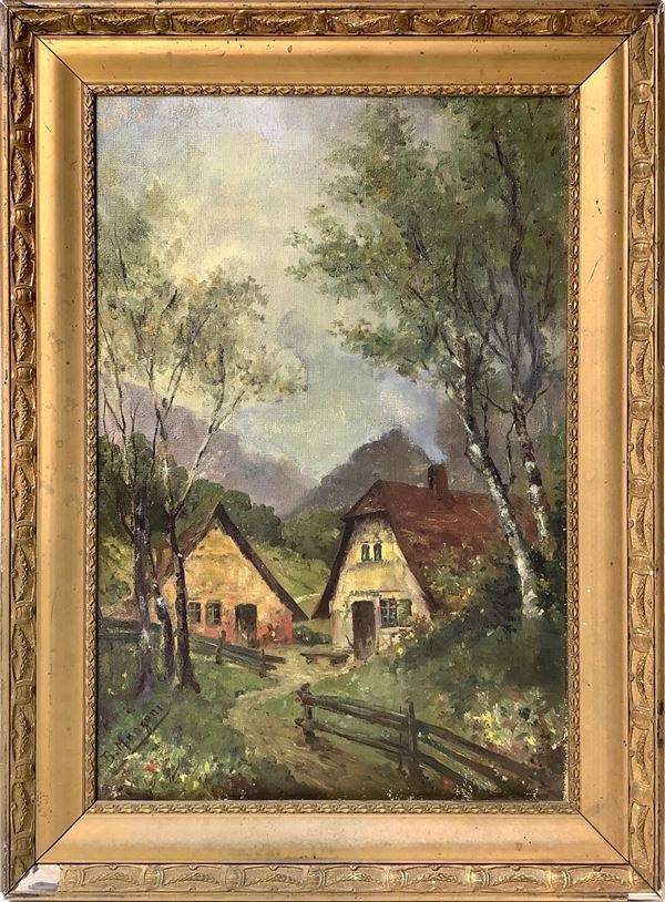 Oil painting on canvas with landscapes and houses, late nineteenth century. signed on the lower left. B.Manzoni.