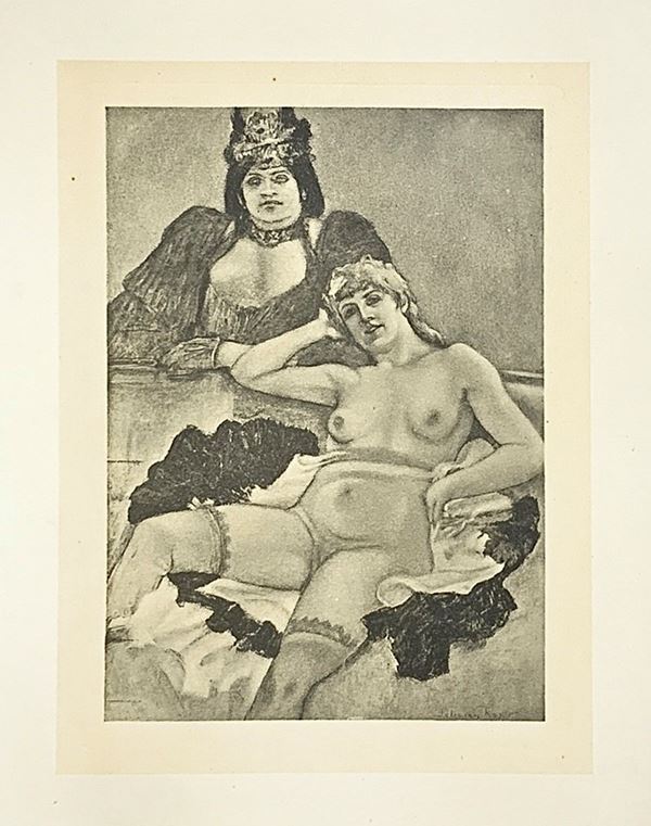 Incisione di Felicien Rops (Namur 1833-Essonnes 1898), titolo “Les deux amies”. Cm 20x14, in cornice cm 39x31