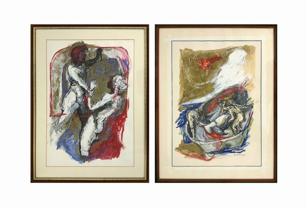 Coppia di acquerelli su cartoncino.1) raffigurante barca con i Malavoglia e mare in tempesta, firmato e datato in basso a destra Fontana ’85. 2) raffigurante Caino e Abele. Cm 85x65, cornici differenti