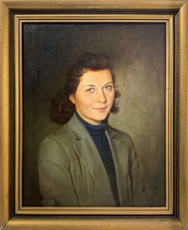 Dipinto ad olio su tela raffigurante ritratto di donna, firmato in basso a sinistra Ltkar Wandy. Inizi XX secolo. Cm 65x50, in cornice cm 77x62